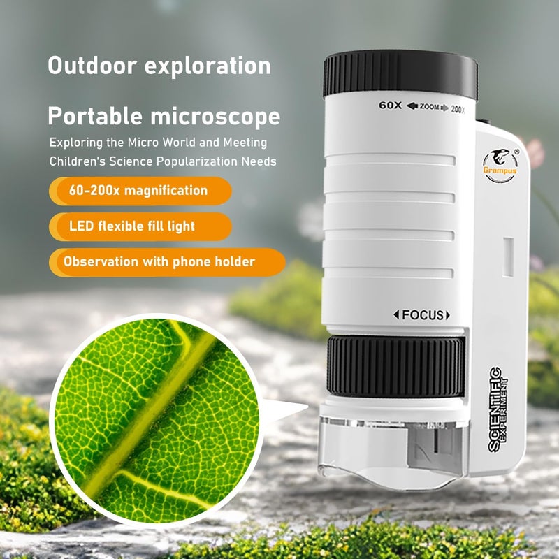 Grampus 60x-200x LED Pocket Microscope Portable Handheld STEM Toy for Kids Adults, Mini Microscope for Student Science Lab for Educational Microbiological Observation Outdoor Exploration - Image 3